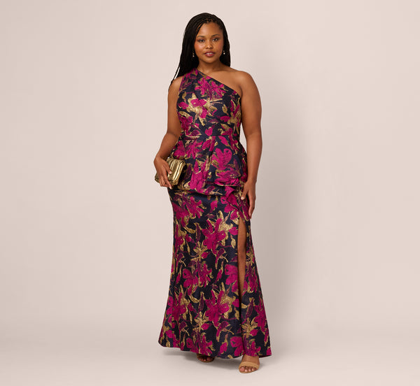adrianna papell Plus Size One Shoulder Jacquard Dress In Navy Pink