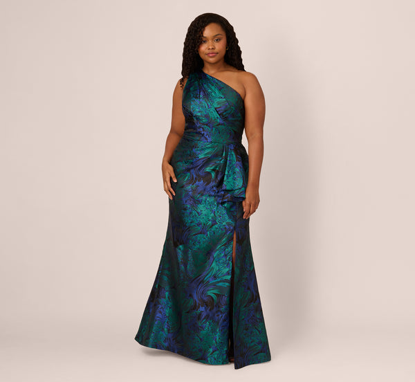 Adrianna Papell Plus Size One Shoulder Jacquard Mermaid Gown With Drape Detail In Cobalt Teal