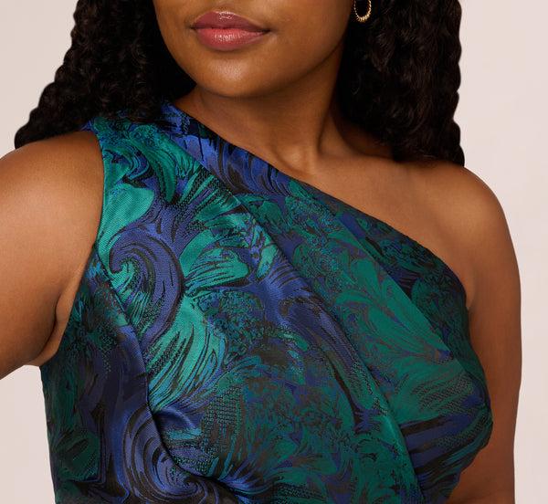 Adrianna Papell Plus Size One Shoulder Jacquard Mermaid Gown With Drape Detail In Cobalt Teal