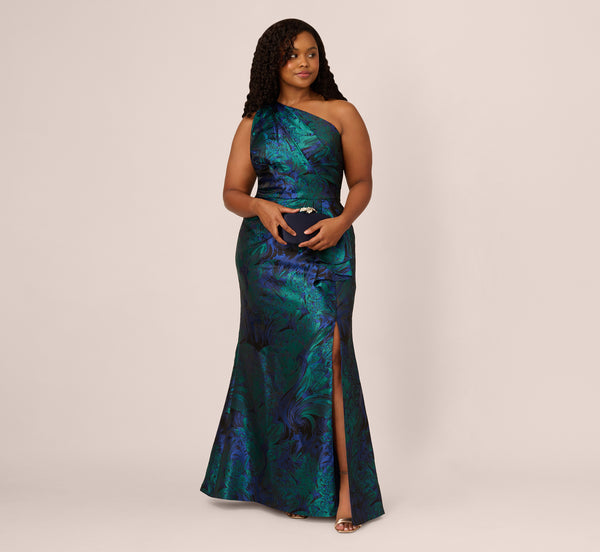 adrianna papell Plus Size One Shoulder Jacquard Mermaid Gown With Drape Detail In Cobalt Teal