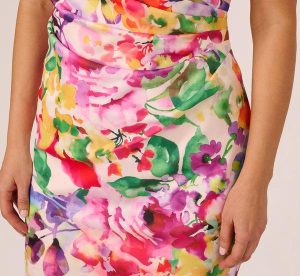 Adrianna Papell Plus Size One Shoulder Rosette Floral Sheath Dress In Pink Multi