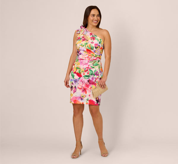 adrianna papell Plus Size One Shoulder Rosette Floral Sheath Dress In Pink Multi