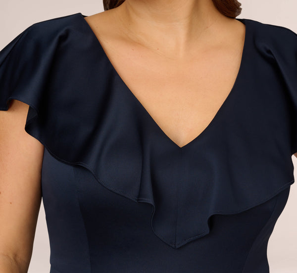 Adrianna Papell Plus Size Satin Crepe Ruffled Cropped Jumpsuit In Dark Navy