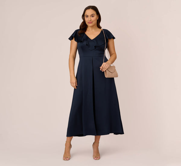 adrianna papell Plus Size Satin Crepe Ruffled Cropped Jumpsuit In Dark Navy