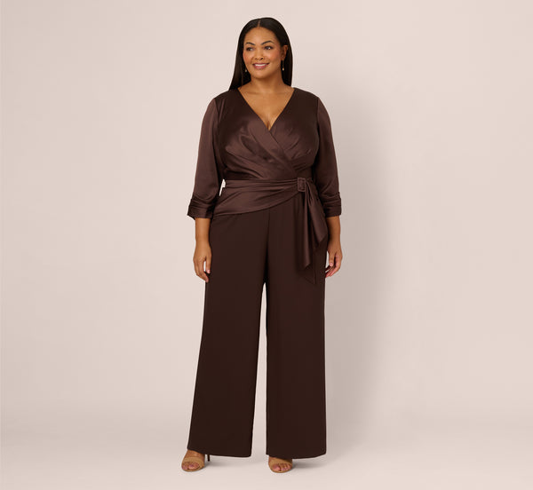 Adrianna Papell Plus Size Satin Crepe Three Quarter Sleeve Jumpsuit With Buckle Waist In Dark Brown