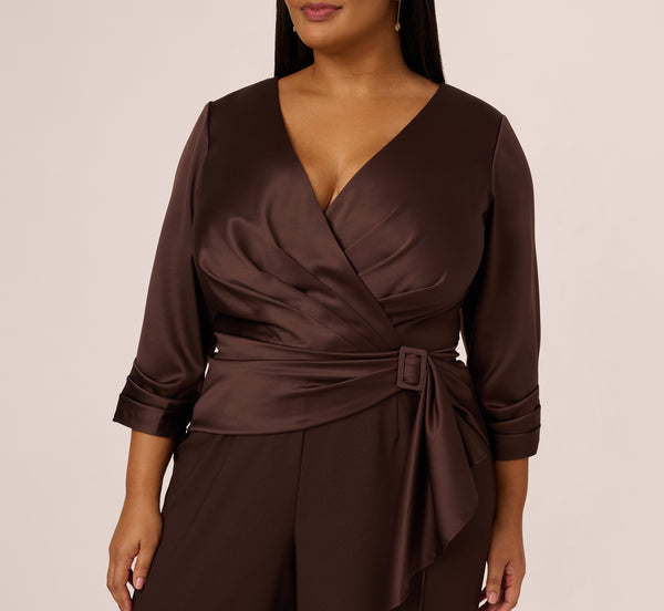 Adrianna Papell Plus Size Satin Crepe Three Quarter Sleeve Jumpsuit With Buckle Waist In Dark Brown