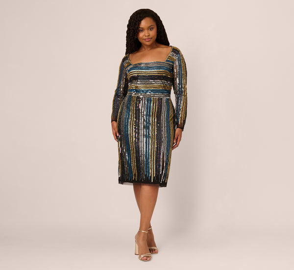 Adrianna Papell Plus Size Sequin Beaded Sheath Dress With Sheer Long Sleeves In Black Blue Multi