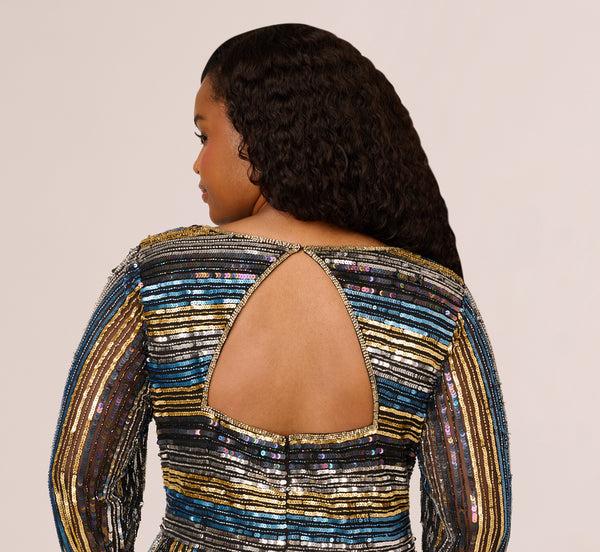 Adrianna Papell Plus Size Sequin Beaded Sheath Dress With Sheer Long Sleeves In Black Blue Multi