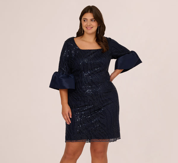 Adrianna Papell Plus Size Sequin Embroidered Dress With Taffeta Bell Sleeves In Midnight