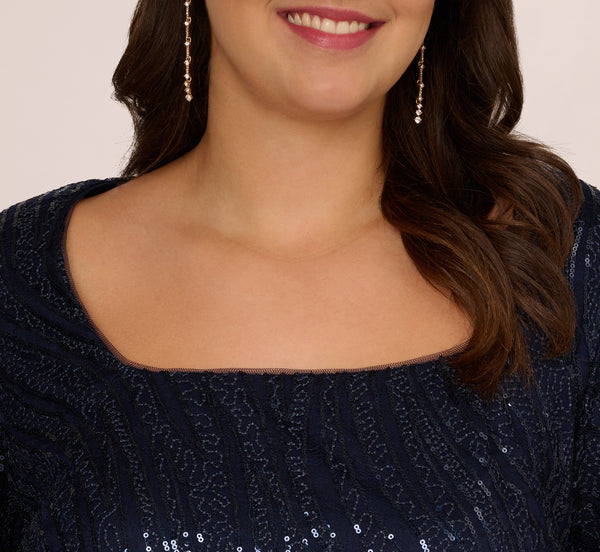 Adrianna Papell Plus Size Sequin Embroidered Dress With Taffeta Bell Sleeves In Midnight