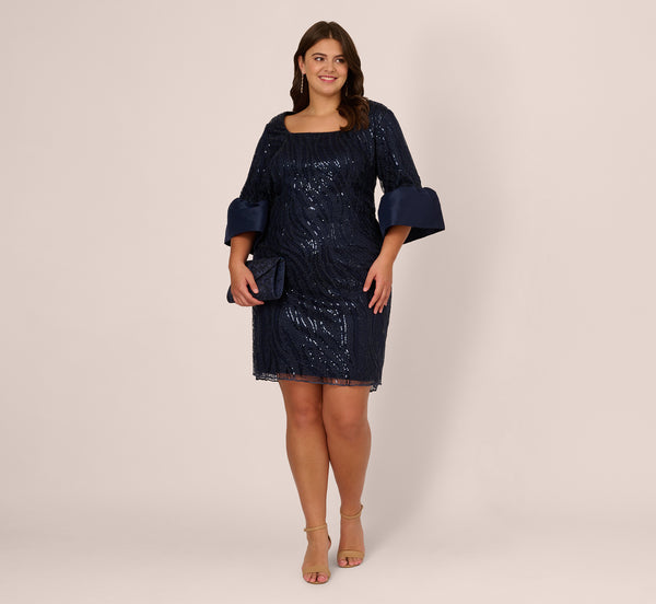 Adrianna Papell Plus Size Sequin Embroidered Dress With Taffeta Bell Sleeves In Midnight