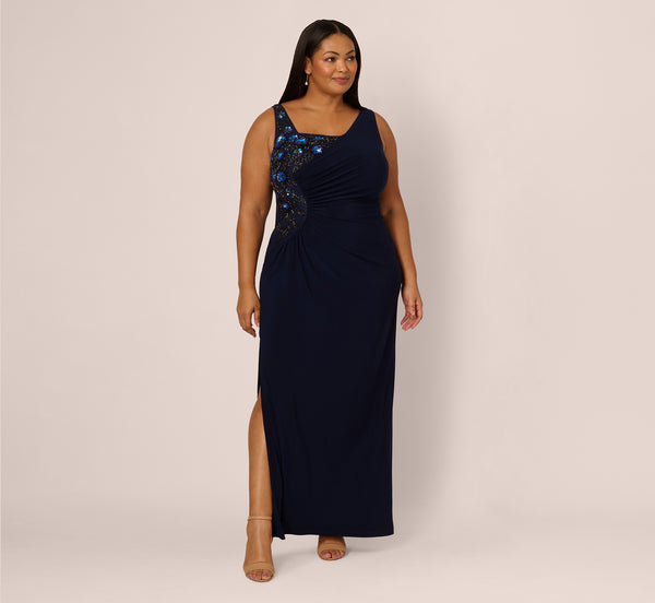 Adrianna Papell Plus Size Sleeveless Asymmetrical Floral Beaded Jersey Gown In Midnight Multi