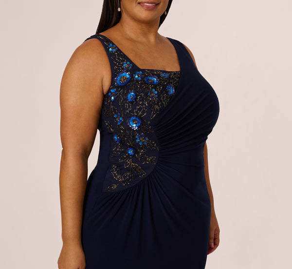 Adrianna Papell Plus Size Sleeveless Asymmetrical Floral Beaded Jersey Gown In Midnight Multi