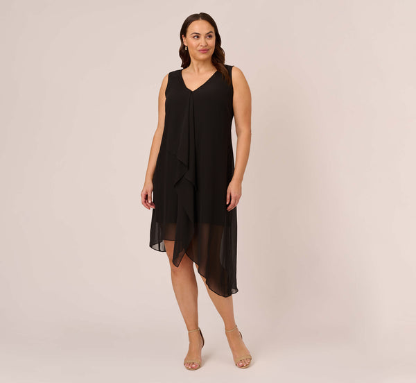 Adrianna Papell Plus Size Sleeveless Chiffon Dress With Cascading Details In Black