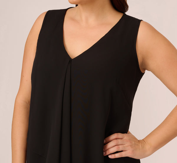 Adrianna Papell Plus Size Sleeveless Chiffon Dress With Cascading Details In Black