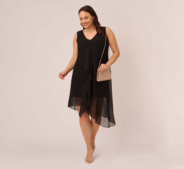 adrianna papell Plus Size Sleeveless Chiffon Dress With Cascading Details In Black