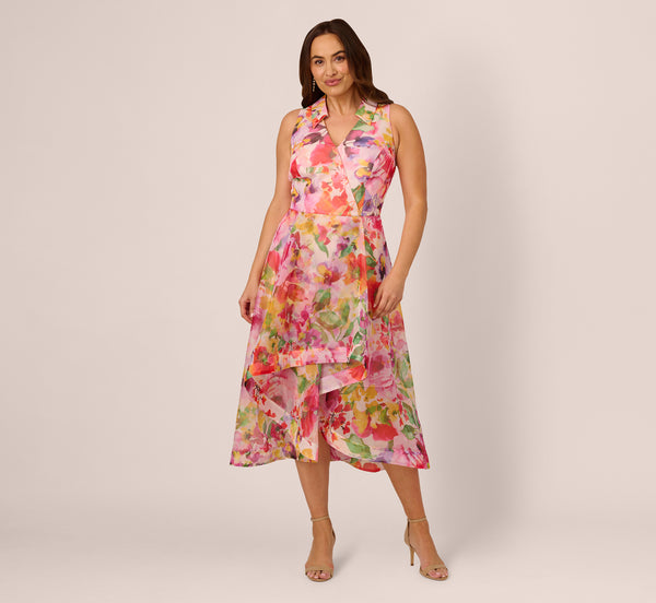 Adrianna Papell Plus Size Sleeveless Floral Organza Collared High Low Dress In Pink Multi