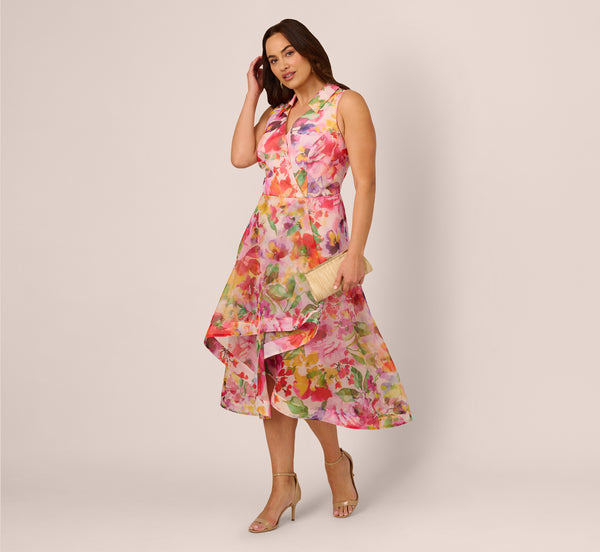 adrianna papell Plus Size Sleeveless Floral Organza Collared High Low Dress In Pink Multi