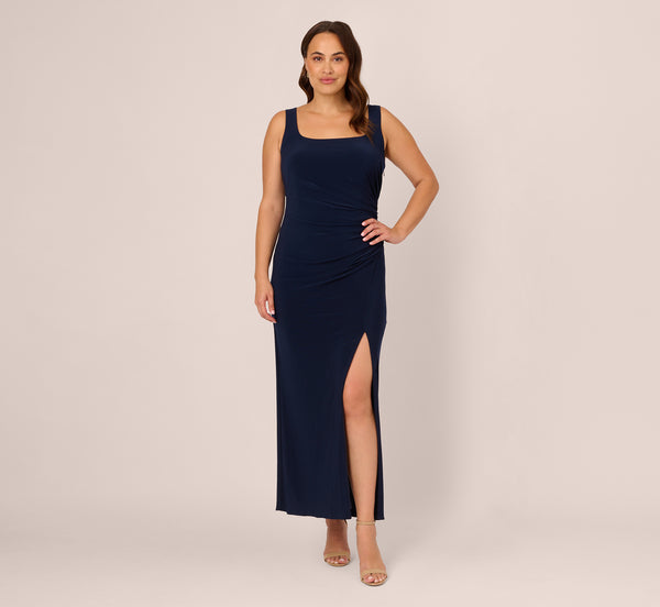 Adrianna Papell Plus Size Sleeveless Jersey Gown With Embellished Lace Cowl Back In Midnight