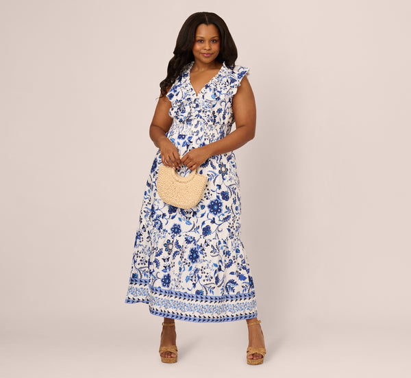 adrianna papell Plus Size Sleeveless Ruffle Collar Printed Midi Dress In White Blue Multi