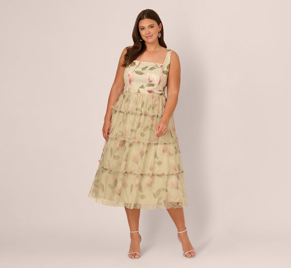 Adrianna Papell Plus Size Sleeveless Square Neck Floral Tiered Midi Dress In Green Multi
