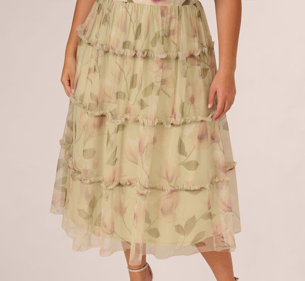Adrianna Papell Plus Size Sleeveless Square Neck Floral Tiered Midi Dress In Green Multi