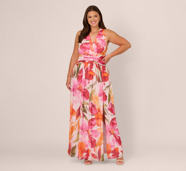 Adrianna Papell Plus Size Sleeveless Surplice Floral Chiffon Gown In Pink Orange Multi