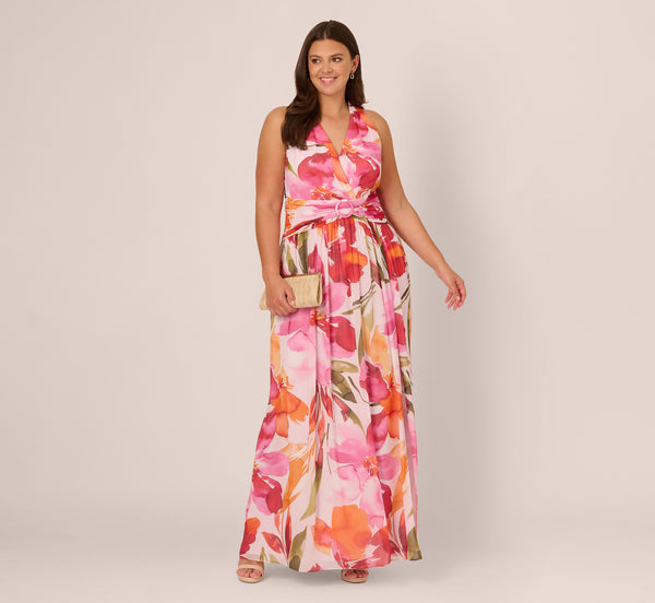adrianna papell Plus Size Sleeveless Surplice Floral Chiffon Gown In Pink Orange Multi
