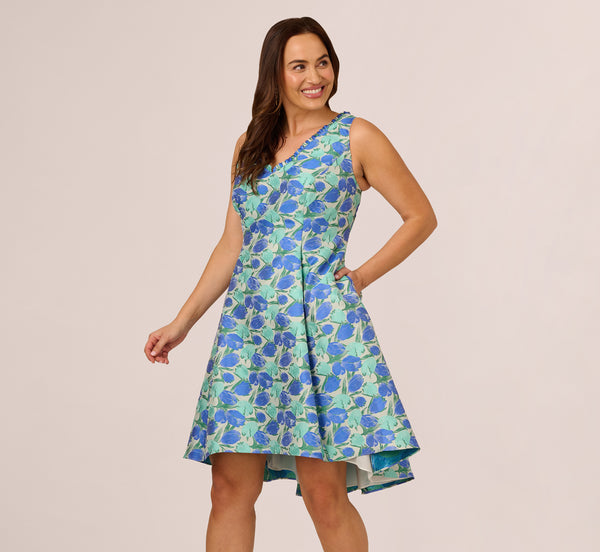 Adrianna Papell Plus Size Sleeveless Tulip Jacquard Fit And Flare Midi Dress In Blue Green Multi