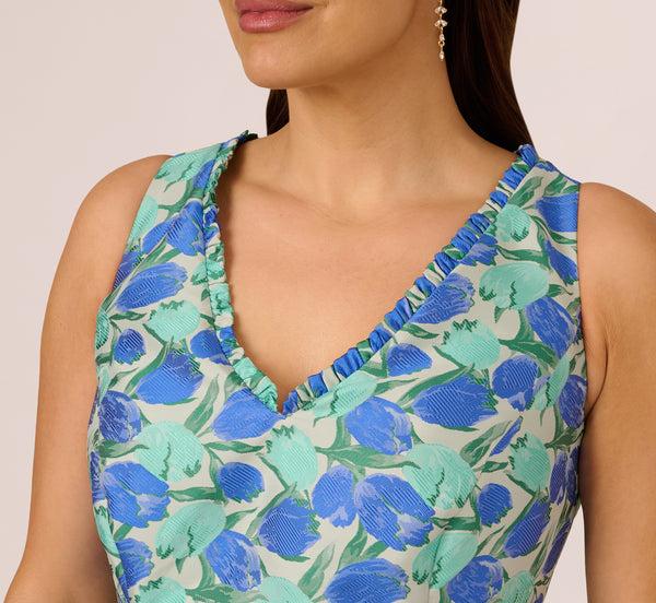 Adrianna Papell Plus Size Sleeveless Tulip Jacquard Fit And Flare Midi Dress In Blue Green Multi