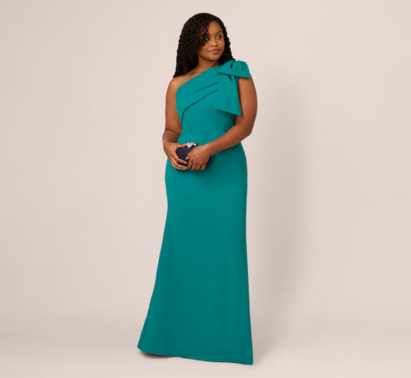 Adrianna Papell Plus Size Stretch Crepe One Shoulder Mermaid Gown With Bow Accent In Tempo Teal