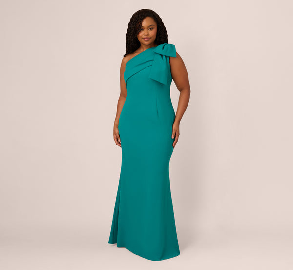 Adrianna Papell Plus Size Stretch Crepe One Shoulder Mermaid Gown With Bow Accent In Tempo Teal