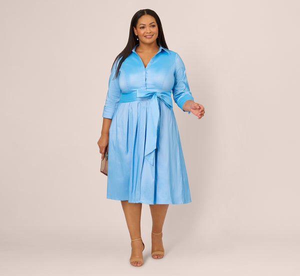 adrianna papell Plus Size Three Quarter Sleeve Taffeta Midi Shirt Dress In Bluebell