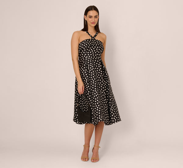 adrianna papell Polka Dot Halter Fit And Flare Midi Dress In Black Ivory