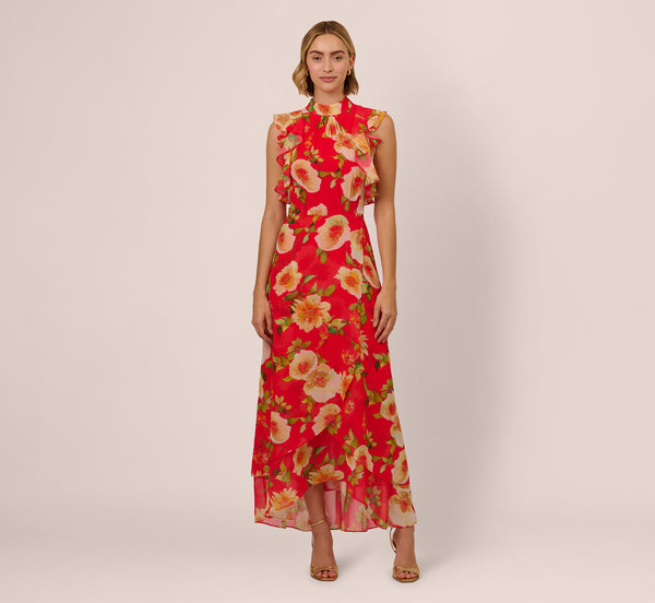 Adrianna Papell Printed Chiffon Mock Neck Ankle Dress In Coral Multi