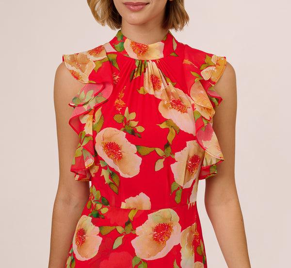 Adrianna Papell Printed Chiffon Mock Neck Ankle Dress In Coral Multi