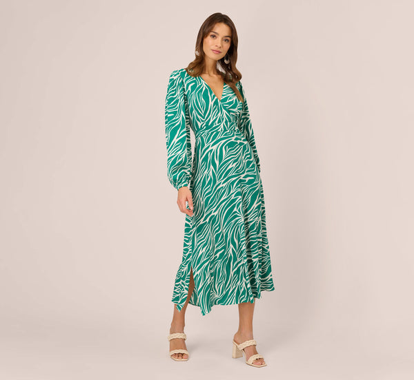 Adrianna Papell Printed Faux Wrap Dress With Bishop Long Sleeves In Green Ivory