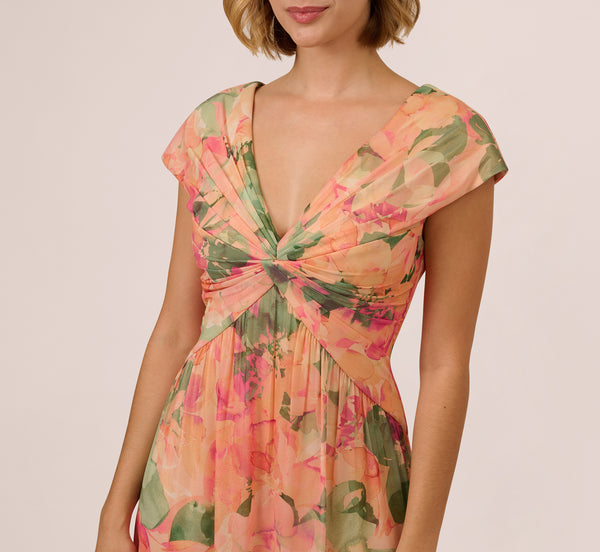 Adrianna Papell Printed Front Twist Gown In Blush Multi