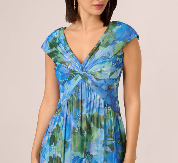 Adrianna Papell Printed Front Twist Gown In Green Blue Multi