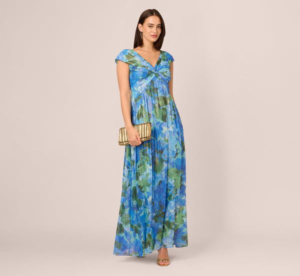 adrianna papell Printed Front Twist Gown In Green Blue Multi