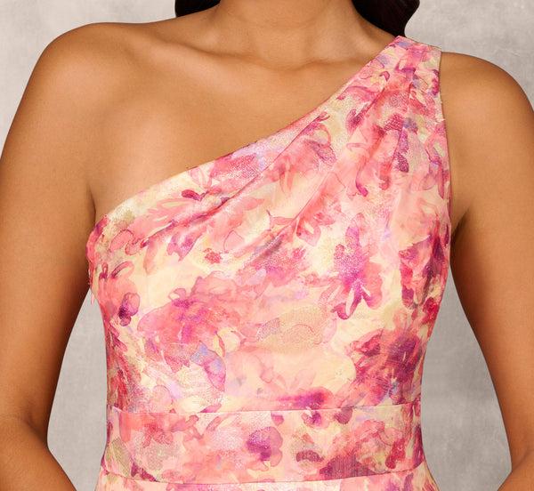 Adrianna Papell Printed Jacquard One Shoulder Ball Gown With Pleat Details In Red Multi