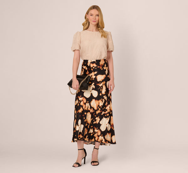 Adrianna Papell Printed Satin A Line Maxi Skirt In Black Eclipse