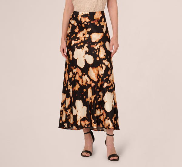 Adrianna Papell Printed Satin A Line Maxi Skirt In Black Eclipse