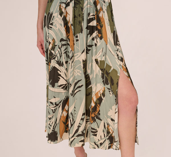 Adrianna Papell Printed Side Slit A Line Midi Skirt In Dusty Seamist Abstract Palm