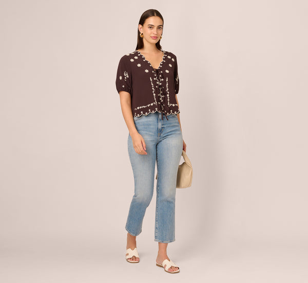 Adrianna Papell Puff Sleeve Embroidered Tie Front Top In Chocolate Ecru