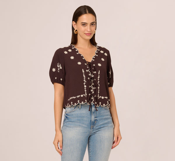 Adrianna Papell Puff Sleeve Embroidered Tie Front Top In Chocolate Ecru