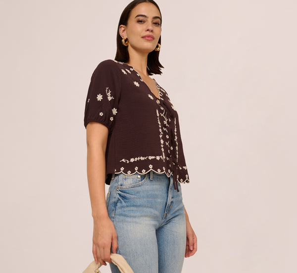 adrianna papell Puff Sleeve Embroidered Tie Front Top In Chocolate Ecru