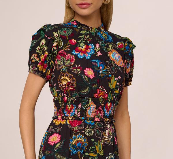 Adrianna Papell Puff Sleeve Floral Midi Flounce Dress In Black Multi