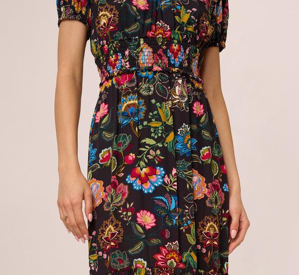 Adrianna Papell Puff Sleeve Floral Midi Flounce Dress In Black Multi