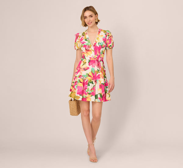 Adrianna Papell Puff Sleeve Flounce Mini Dress In White Multi